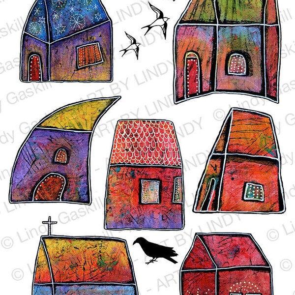 Colorful Small Whimsical Houses Art Digital Download, Village Houses Artwork, Small Town Art with Swallows Printable by Lindy Gaskill