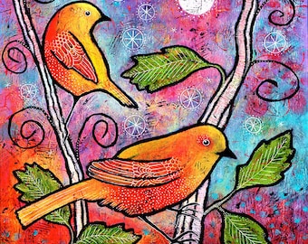 Yellow Bird Print. Whimsical Colorful Small Bird Art Print. Gift under 50. Unique Gifts for Women. Whimsical Bird Artwork by Lindy Gaskill