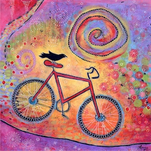 Colorful Bike and Raven Print, Whimsical Bird Art Print, Artwork for Kids Room, Fun Gift for Women image 1