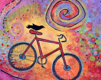 Colorful Red Bike and Raven Wall Art Print for Children's Room, Fun Gift for Women of Whimsical Artwork