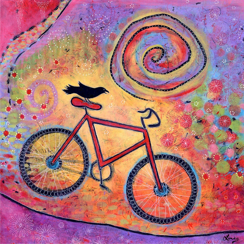 Colorful Bike and Raven Print, Whimsical Bird Art Print, Artwork for Kids Room, Fun Gift for Women image 1