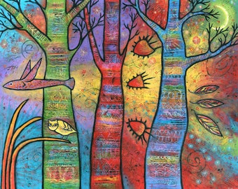 Whimsical Forest Tree Art Print, Fantasy Aspen Artwork, A Fantastic Journey