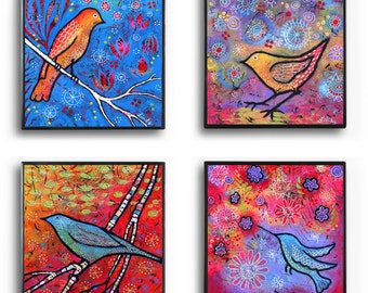 SALE - Set of 4 Vibrant Bird Prints - Fun Whimsical Home Decor - Whimsical Hummingbird Wall Art Gifts - Blue Yellow Bird Artwork