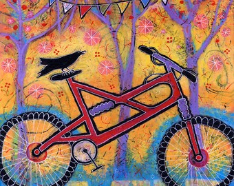 Whimsical Mountain Bike Gift - Colorful Bicycle Artwork for Women - Raven Bird Wall Art Decor