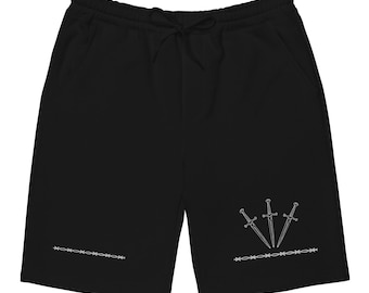 Pantalones cortos de felpa con estampado de espada para hombre, estilo gótico medieval alternativo.