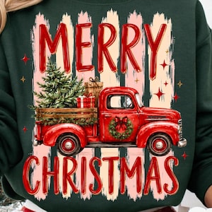 Red Christmas Truck PNG Distressed Holiday Shirt Design Vintage Tree Farm Sublimation Graphic Retro Merry Christmas Stripes Shirt Print