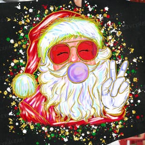 May include: Black square Christmas-themed graphic featuring Santa Claus wearing red sunglasses and blowing a bubble. Santa is giving the peace sign. The image is decorated with gold, green, and red glitter.