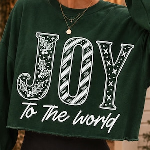 Joy to the World PNG, Christian Christmas Lettering with Holly and Stripes, White Holiday Shirt Design