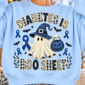 La diabetes es una hoja de boo PNG, fantasma de Halloween con cinta azul, diseño de sublimación de patchwork con bordado falso para concienciar sobre la diabetes