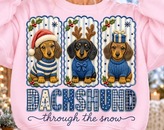 Dachshund Through the Snow PNG, Christmas Dogs in Blue Sweaters (Digital Download)