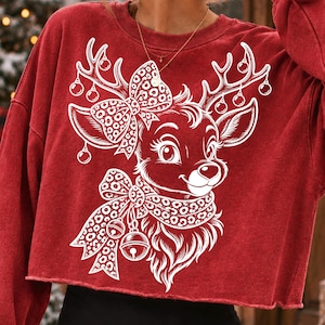 Christmas Reindeer PNG, Cute Coquette Deer with Leopard Bows and Ornaments, White Line Art Holiday Shirt Design