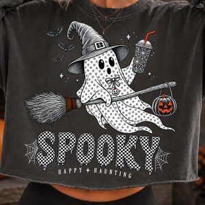 Spooky Happy Haunting PNG, Witch Ghost PNG, Cute Halloween Ghost on Broom, Retro Halloween Sublimation, Spooky Season Clipart