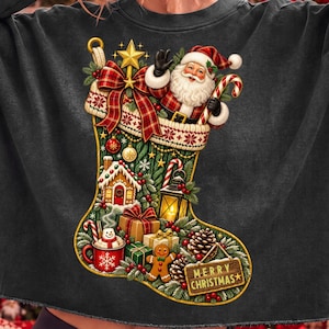 Christmas Stocking PNG, Santa Christmas PNG, Vintage Holiday Sublimation, Merry Christmas Clipart, Festive Stocking Design