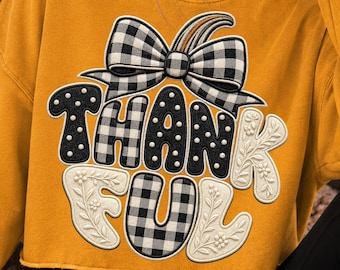 Thankful Fall PNG, Patchwork Letters, Gingham Bow, Faux Embroidery (Digital Download)