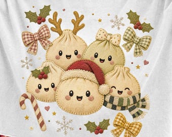 Kawaii Christmas Dumplings PNG, Faux Embroidery Patchwork Holiday Design (Digital Download)