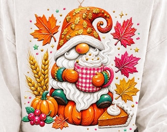 Cozy Fall Gnome PNG, Pumpkin Spice Coffee Mug, Autumn Leaves, Pie (Digital Download)