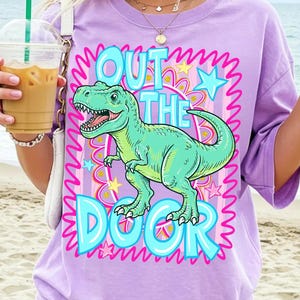 Out The Door Dinosaur PNG Last Day Of School Sublimation Design Retro Preppy School Farewell Student Shirt End Of Year Digital Download