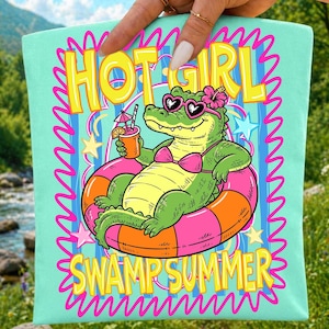 Hot Girl Swamp Summer PNG, Funny Alligator Sublimation Design, Retro Beach Vacation Shirt Graphic, Pink Pool Float Crocodile Digital File