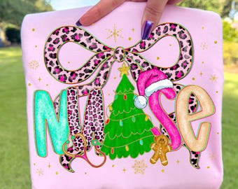 Christmas Nurse PNG – Coquette Sublimation Design with Leopard Bow, Santa Hat, Gingerbread, Tree & Glitter Letters, Holiday Gift for RN