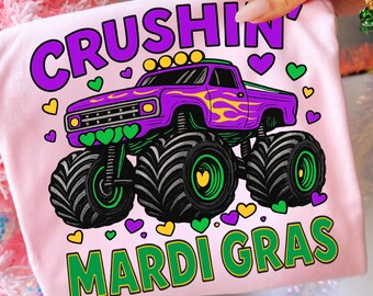 Camión monstruo aplastante de Mardi Gras PNG para niños, sublimación retro desgastada, desfile de carnaval infantil morado, verde y dorado, corazón del Martes de Carnaval