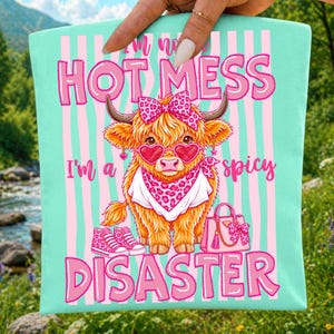 Spicy Disaster Highland Cow PNG Funny Western Sublimation Design Leopard Print Heifer Digital Download Sassy Cowgirl Shirt Design DTF Art