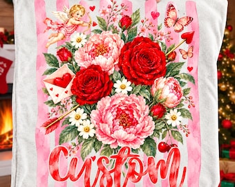 Custom Valentine Floral PNG, Personalized Name, Roses, Cupid, Watercolor (Digital File)
