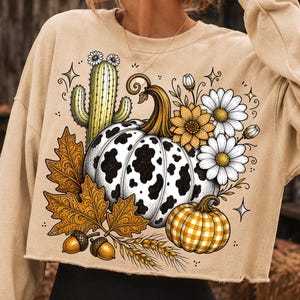 Cow Print Pumpkin PNG, Western Fall PNG, Leopard Cowgirl Autumn Sublimation, Cactus Pumpkin Shirt Design, Rustic Fall Graphic