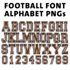 May include: A brown and white alphabet font with a football stitch pattern. The letters are uppercase and the numbers 0-9 are included.
