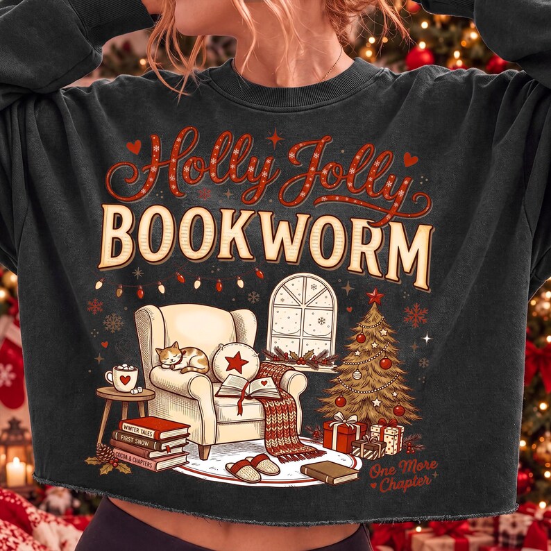 Book Lover Christmas Sweatshirt Mockup with Holly Jolly Bookworm Design