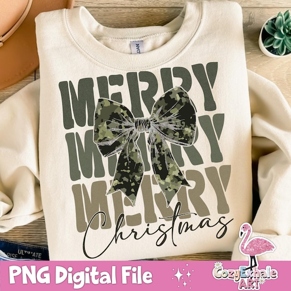 Retro Camo Coquette Bow Glitter PNG: Christmas Design Digital Download for Crafters