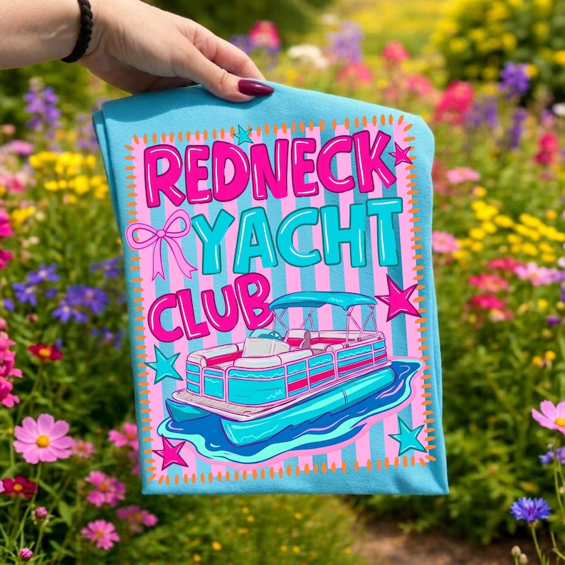 Image of Redneck Yacht Club PNG Pontoon Boat Sublimation Design Lake Life Digital Download Retro Boating Shirt PNG Preppy Lake Day Pink Bow Design