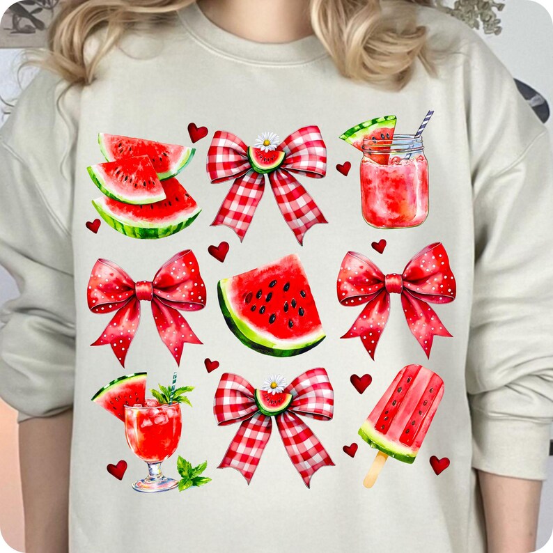 Adorable coquette-style watermelon bow PNG with glitter and floral accents. Perfect for trendy preppy summer shirts, DTF transfers, and more!