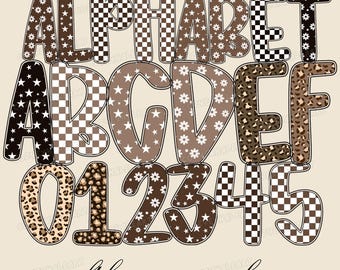 Neutral Aesthetic Alphabet PNG – Brown Checker, Gingham Leopard, and Floral Letter Clipart for Sublimation, Digital Font for Crafts Download