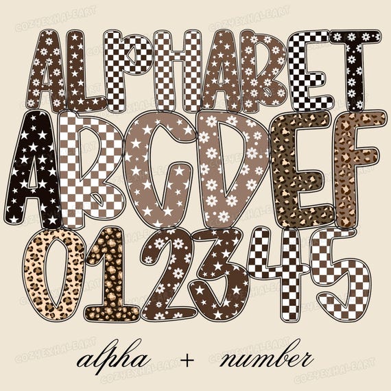Neutral Aesthetic Alphabet PNG – Brown Checker, Gingham Leopard, and Floral Letter Clipart for Sublimation, Digital Font for Crafts Download