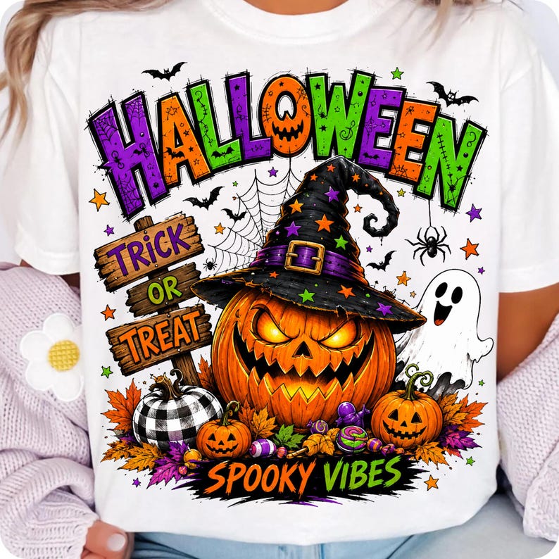 Close-up of the 'Trick or Treat' text and playful pumpkin graphic from the digital design, highlighting its vibrant colors.