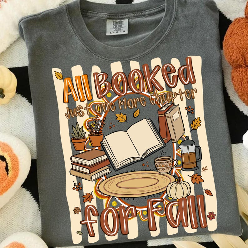 Full view of the 'All Booked For Fall' digital design with hand-drawn elements, ideal for DTF clipart and autumn-themed apparel.