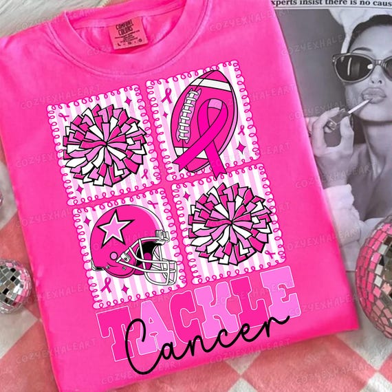 Football Tackle Cancer PNG: Pink Ribbon, Retro Game Day Design (Digital Download)