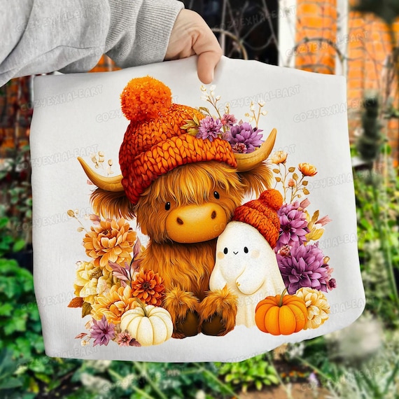 Highland Cow Ghost Halloween Sublimation PNG: Cute Autumn Boo with Pumpkin for Spooky Season Lovers