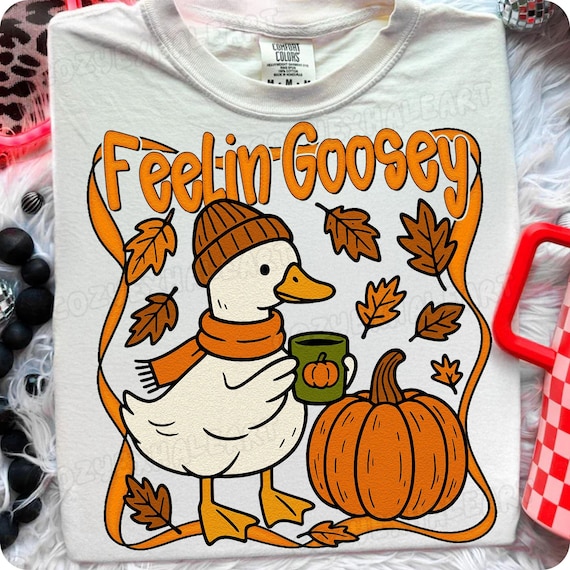 Autumn Goose Sublimation Design: Cozy Pumpkin Coffee PNG for Shirts, Funny Animal Digital Download