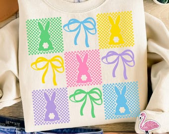 Retro Checkered Easter Bunny PNG: Coquette Bow Design (Digital Download)