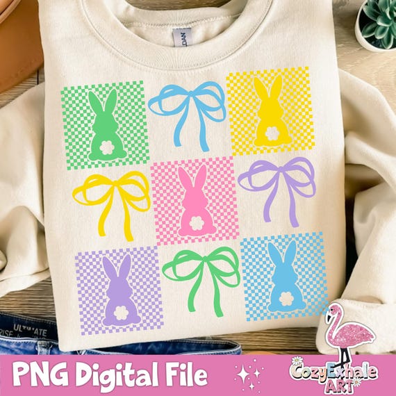 Retro Checkered Easter Bunny PNG: Coquette Bow Design (Digital Download)
