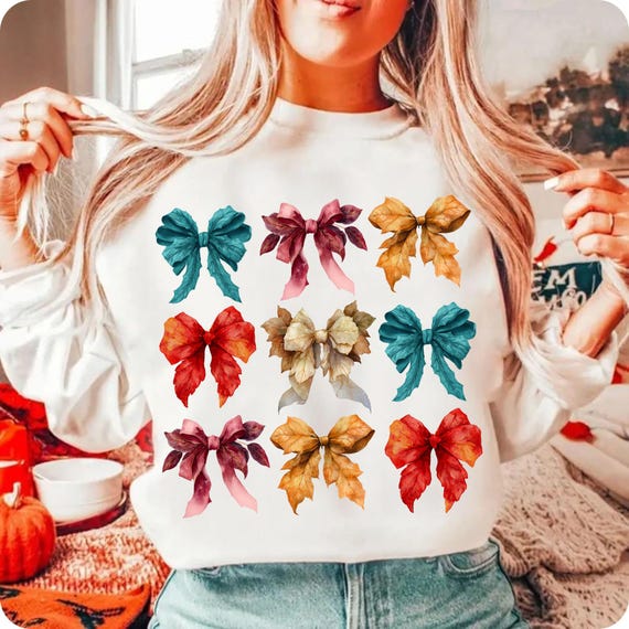Vintage Autumn Coquette Bow PNG: Leafy Sublimation Clipart for Feminine Fall Shirt Designs