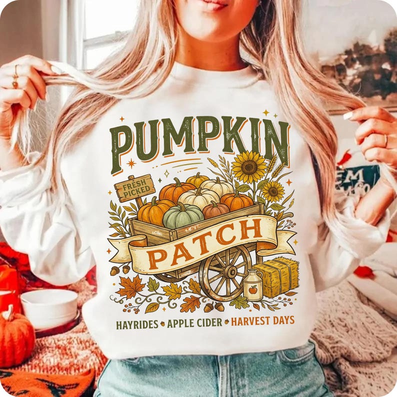 Puede incluir: Una sudadera blanca de manga larga con un gr&aacute;fico de un carro de madera lleno de calabazas, girasoles y una paca de heno. El texto dice PUMPKIN PATCH, FRESH PICKED, HAYRIDES, APPLE CIDER y HARVEST DAYS en colores verde y naranja.