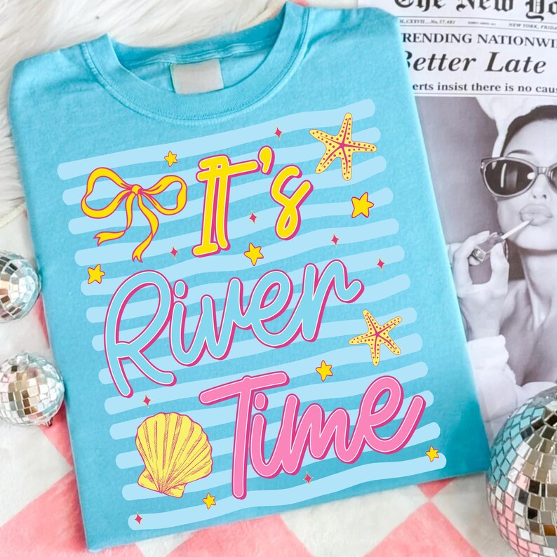 Trendy River Time Sublimation Design on White T-Shirt