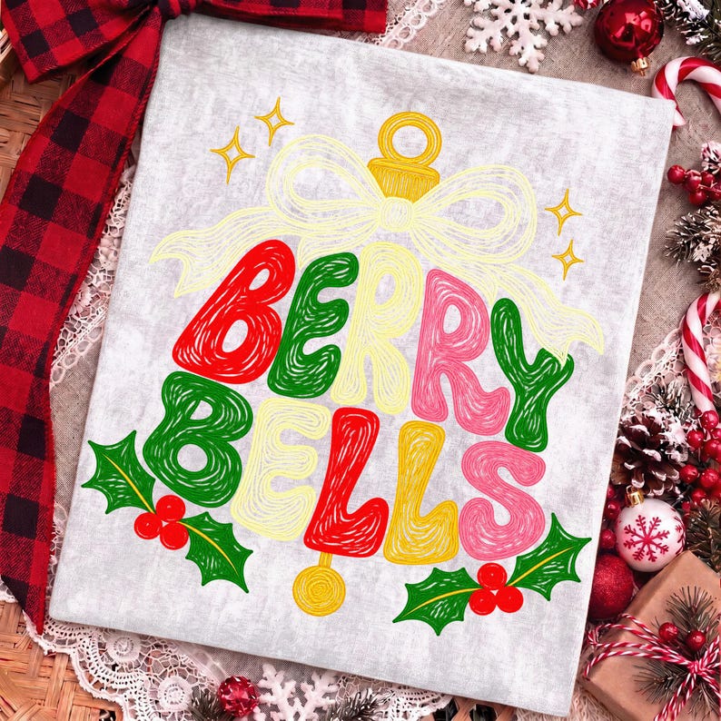 May include: A light gray t-shirt featuring a graphic of a Christmas ornament shaped like a bell with the text BERRY BELLS. The design includes red, green, and yellow scribbled lettering, a yellow bow, and green holly leaves with red berries.