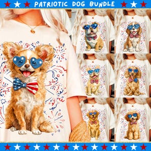 Patriotic Dog Bundle PNG, 4th of July Dog Illustration, USA Dog Sublimation, Dog Wearing Stars and Stripes Bow, Dog Mom Design