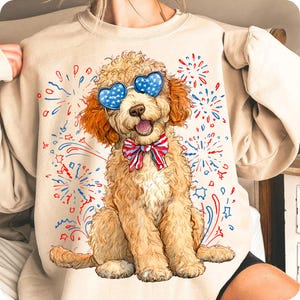 Goldendoodle Patriotic PNG, Fourth of July Dog Clipart, USA Dog Digital Illustration, Red White Blue Bow, Retro 4th of July Sublimation