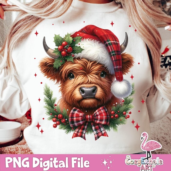 Coquette Highland Cow Christmas PNG: Western Xmas Digital Design Download for Sublimation