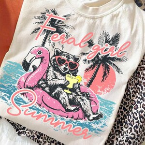 Feral Girl Summer Raccoon PNG Trash Panda Pink Flamingo Floatie Sublimation Design Margarita Beach Vacation Shirt Digital Download File