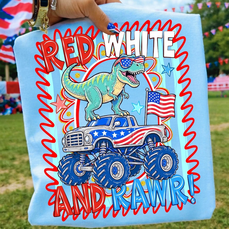 Image of Red White and Rawr PNG 4th of July Dinosaur Monster Truck Sublimation Design Patriotic Kids Shirt Design American Flag T-Rex PNG Download